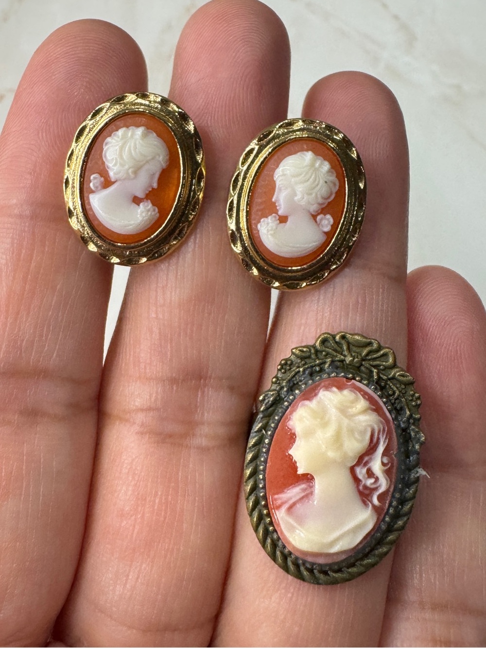 Vintage Cameo clip on earrings and adjustable ring